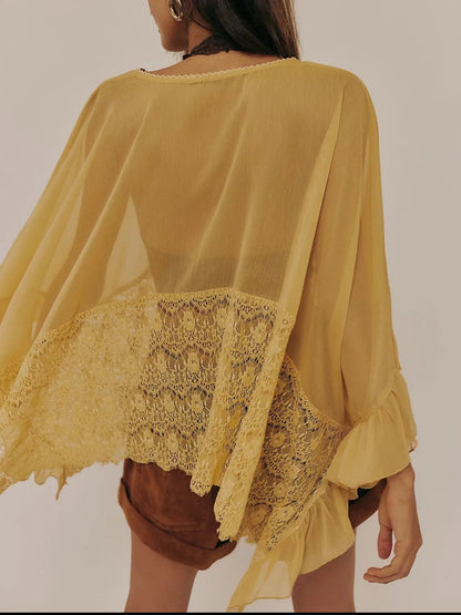 Mustard Lace V-Neck Ruffle Long Sleeve Cover-Up