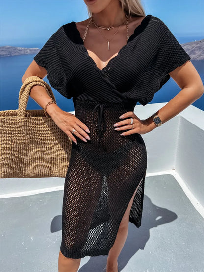Black Slit Surplice Cap Sleeve Cover Up