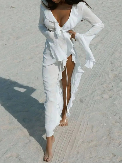 White Ruffled Long Sleeve Cover-Up Dress
