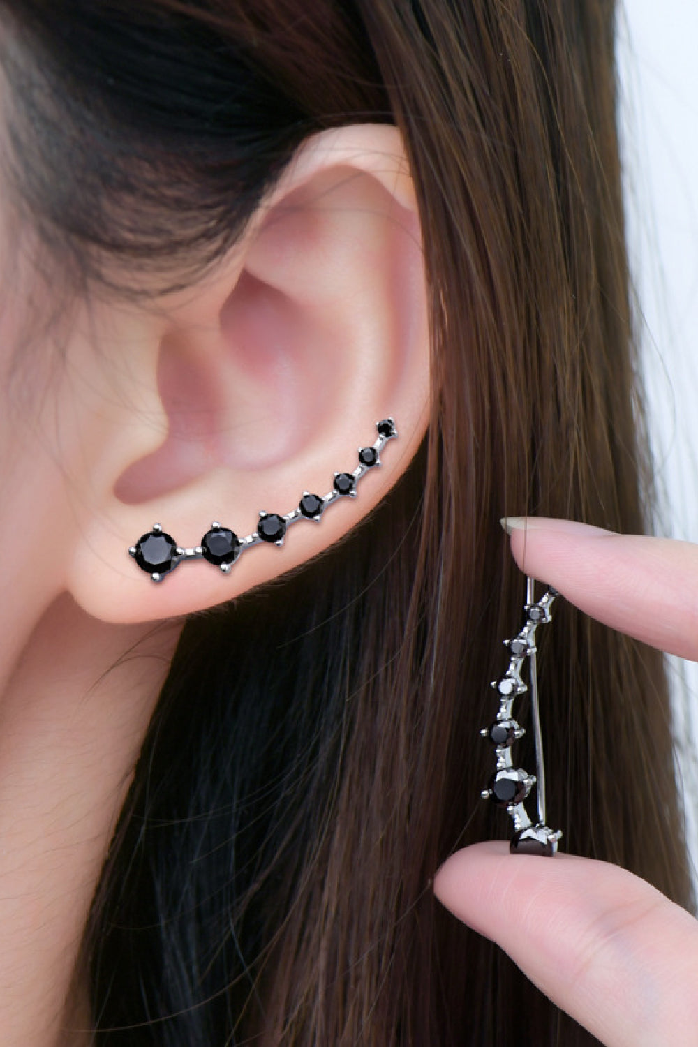 1.9 Carat Moissanite Sterling Silver Earrings black on ear