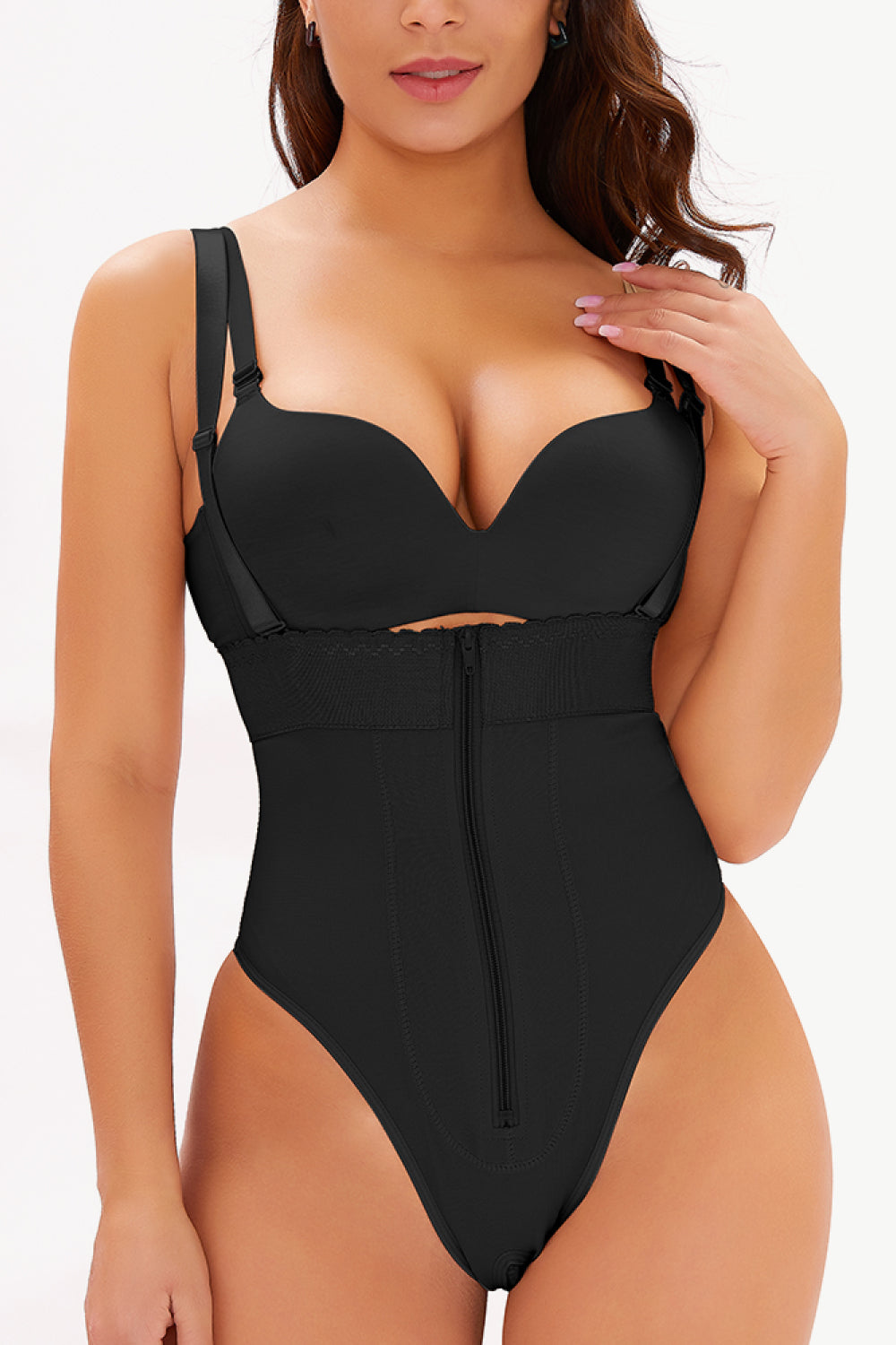 Black Full Size Adjustable Strap Zip-Up Shaping Bodysuit