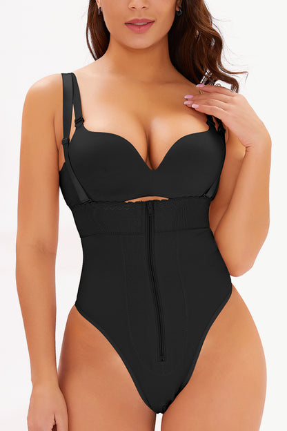 Black Full Size Adjustable Strap Zip-Up Shaping Bodysuit