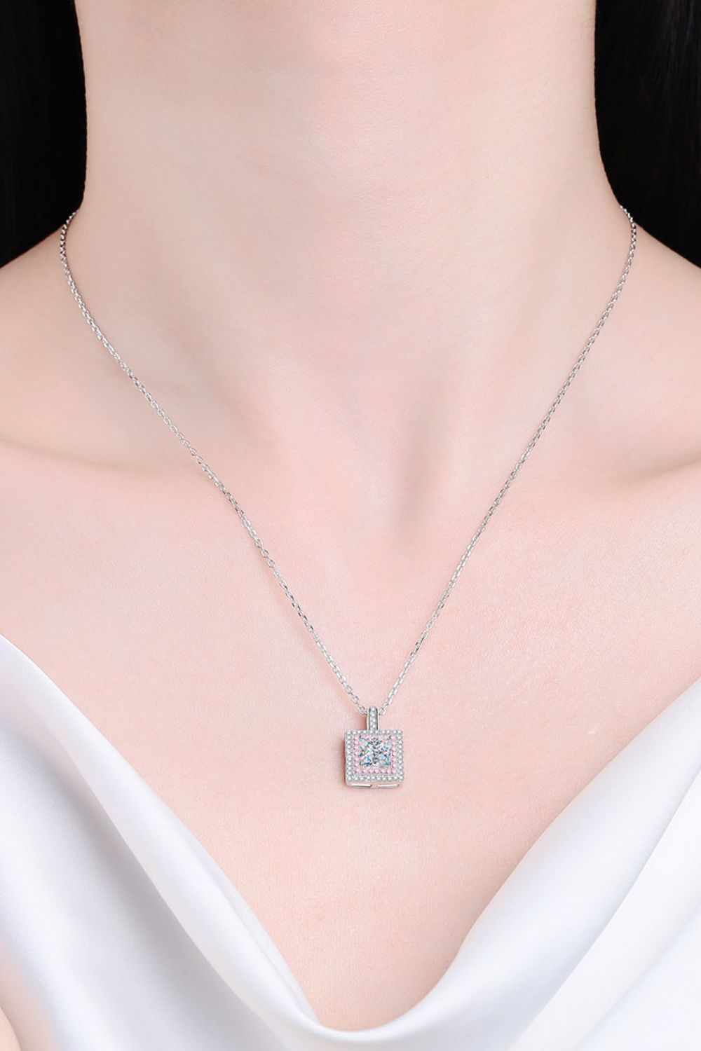1 Carat Moissanite Square Pendant Chain Necklace around neck