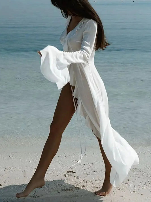 White Ruffled Long Sleeve Cover-Up Dress