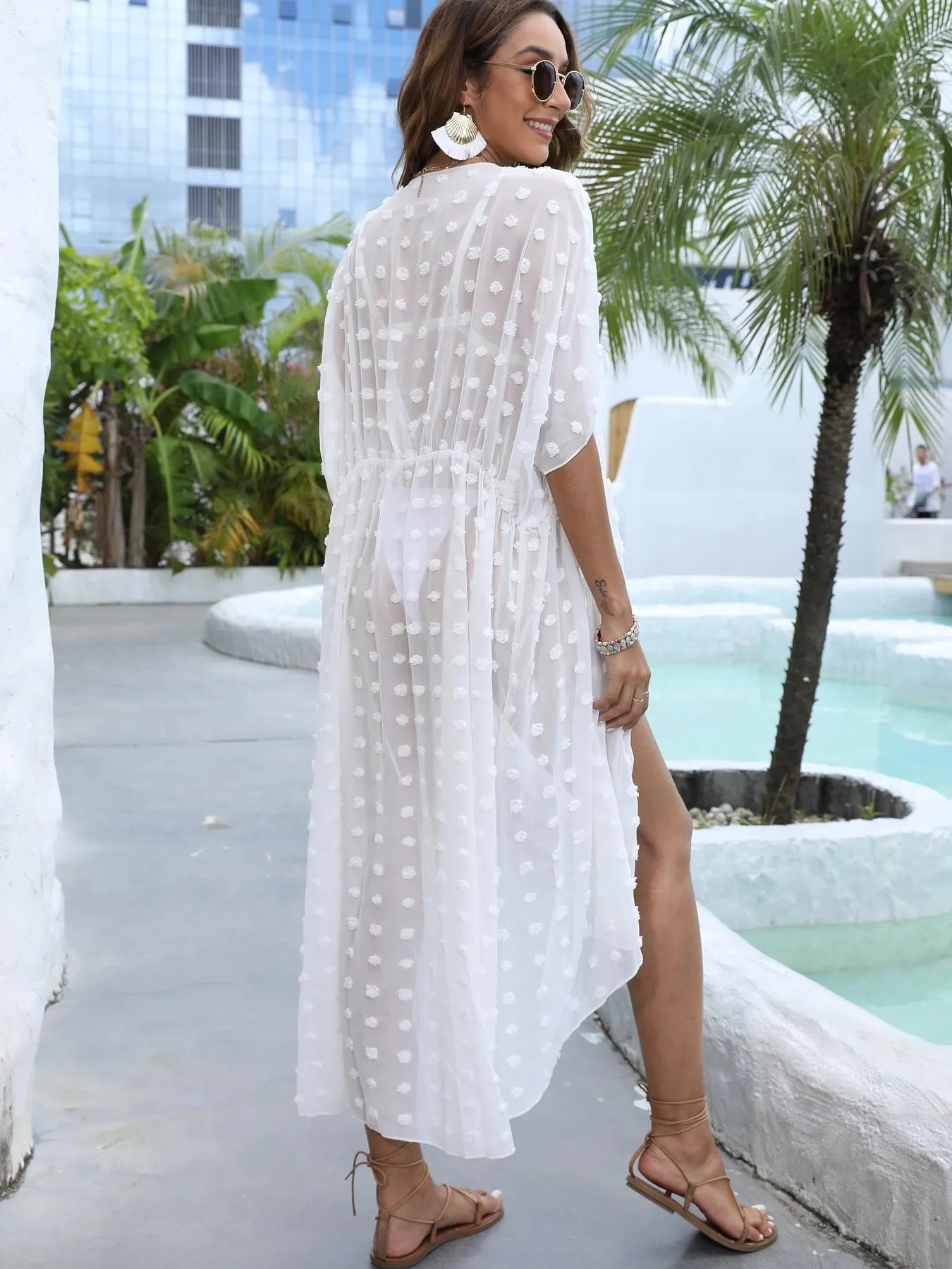 White Swiss Dot Sheer Beach Cover Up Maxi Dress
