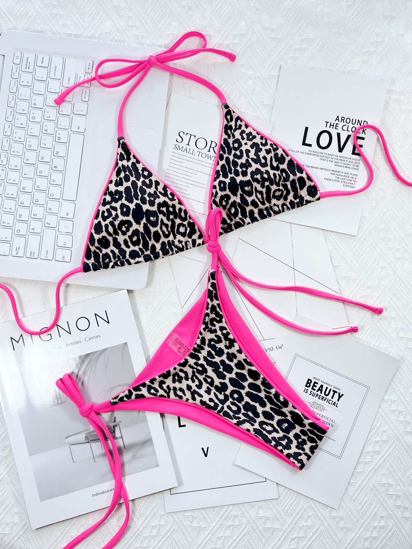 Pink Leopard Print Halter Neck Tie Side Bikini Set