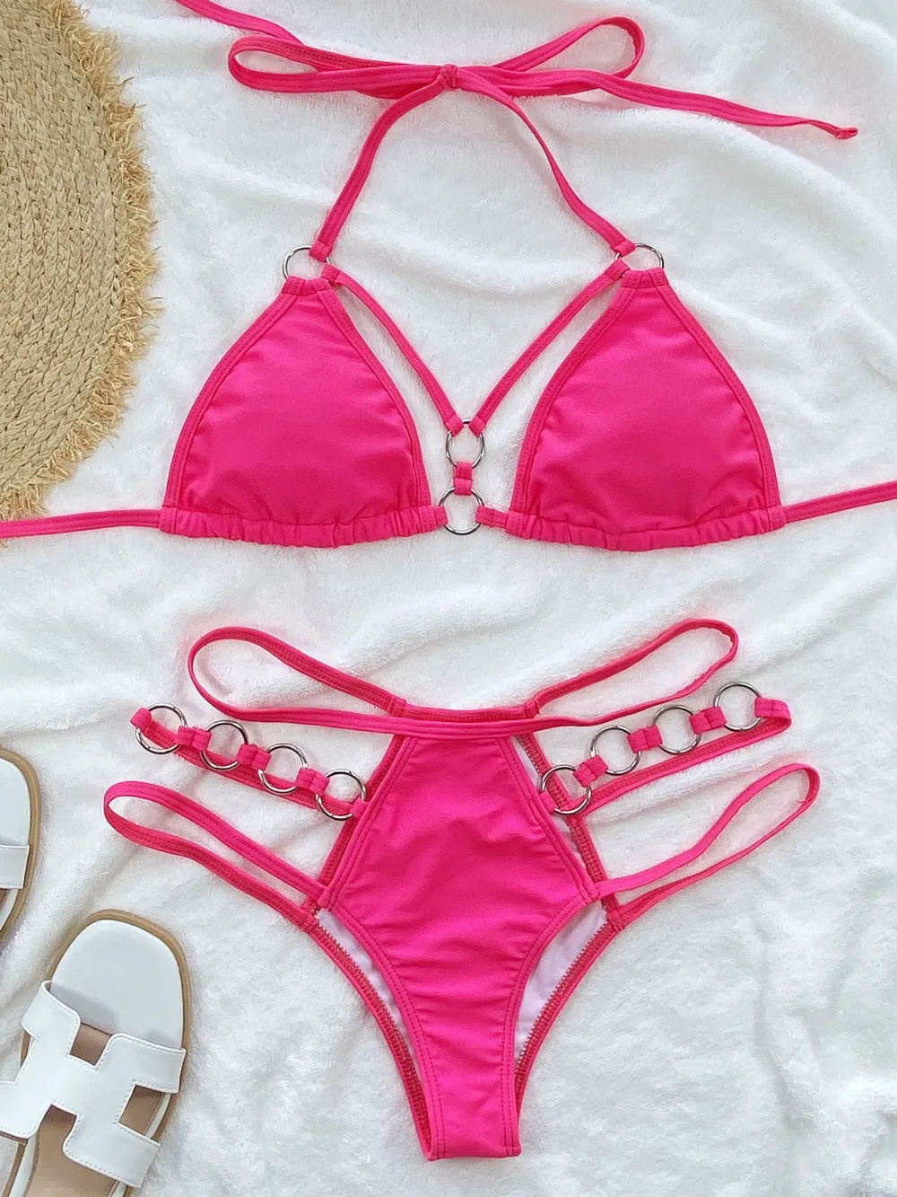 Hot Pink Classic Cutout Halter Neck Two-Piece Bikini Set