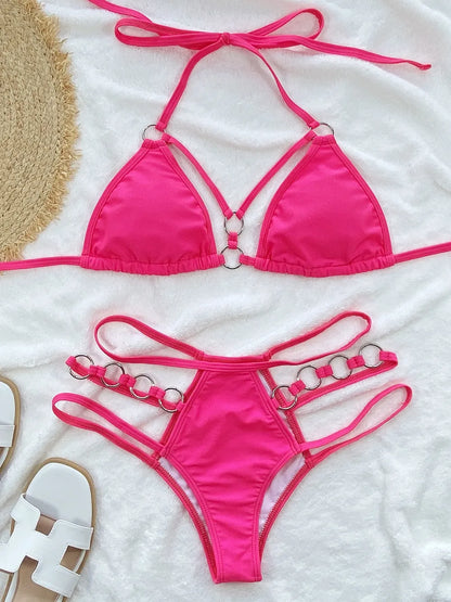 Hot Pink Classic Cutout Halter Neck Two-Piece Bikini Set