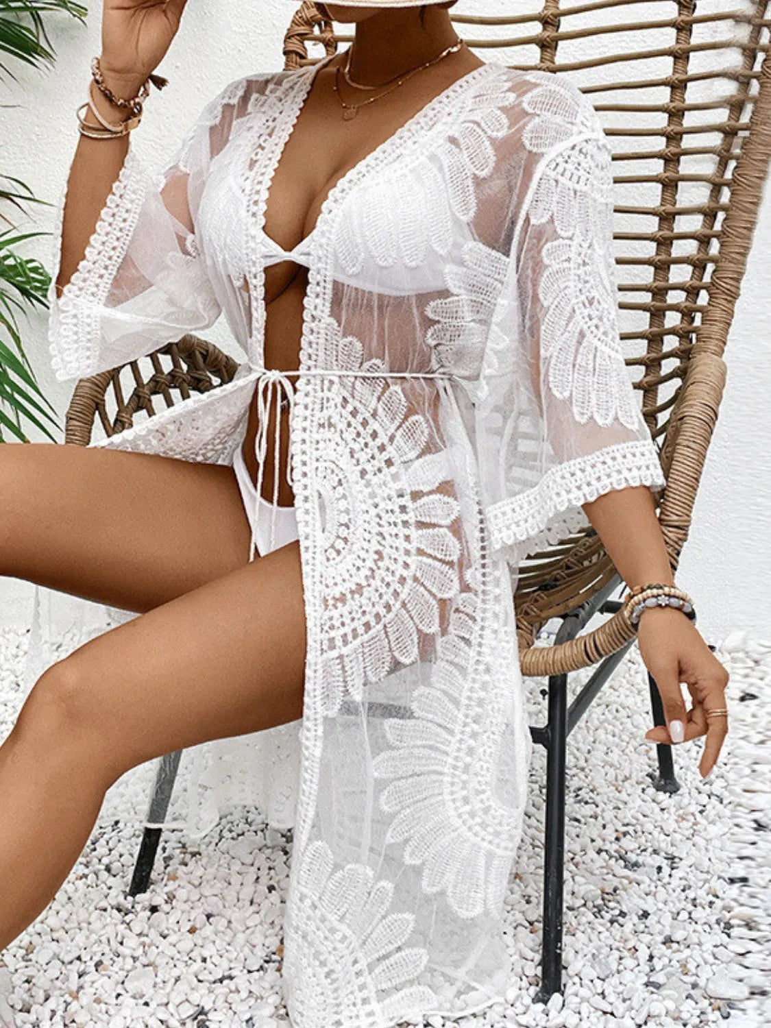White Lace Open Front Longline Cover-Up