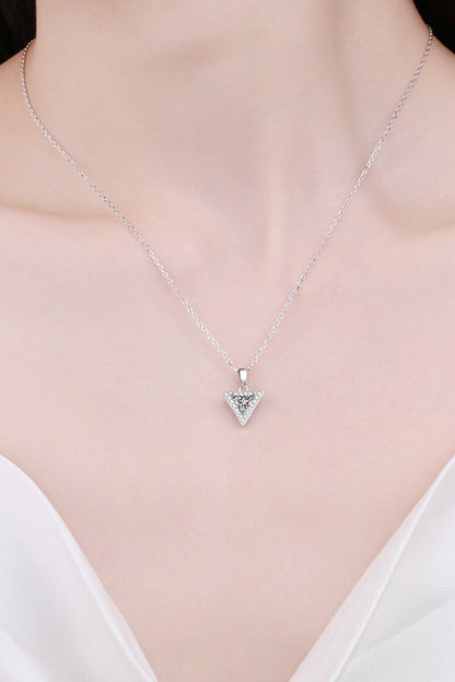Sterling Silver Triangle Moissanite Pendant Necklace around neck