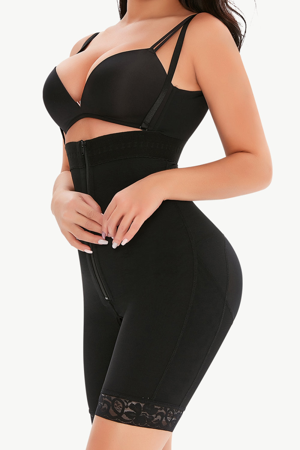 Black  Size Lace Detail Zip-Up Under-Bust Shaping Bodysuit