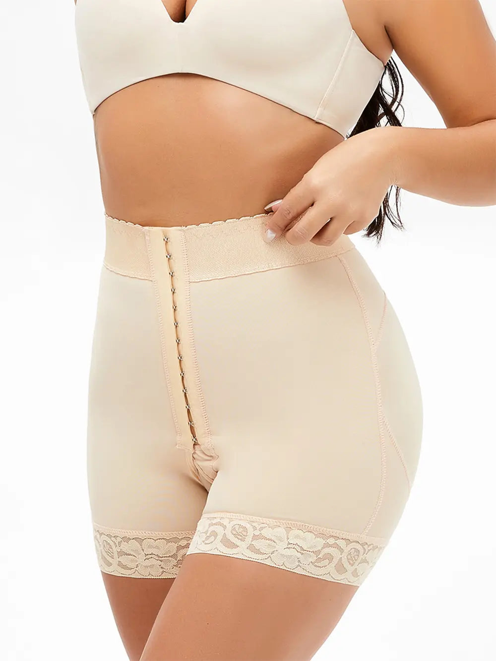 Tan Full Size Lace Detail Hook-and-Eye Shaping Shorts