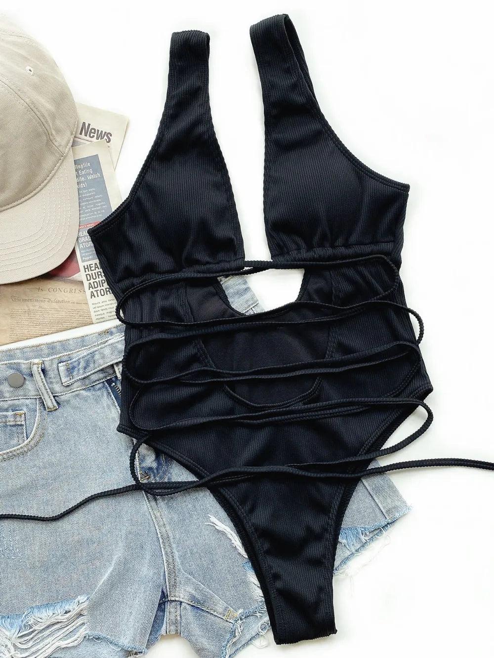 Black Ribbed Lace Up One-Piece Swimsuit