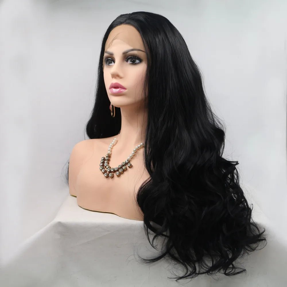 Lovely Long Black Synthetic Wavy Wig 24"