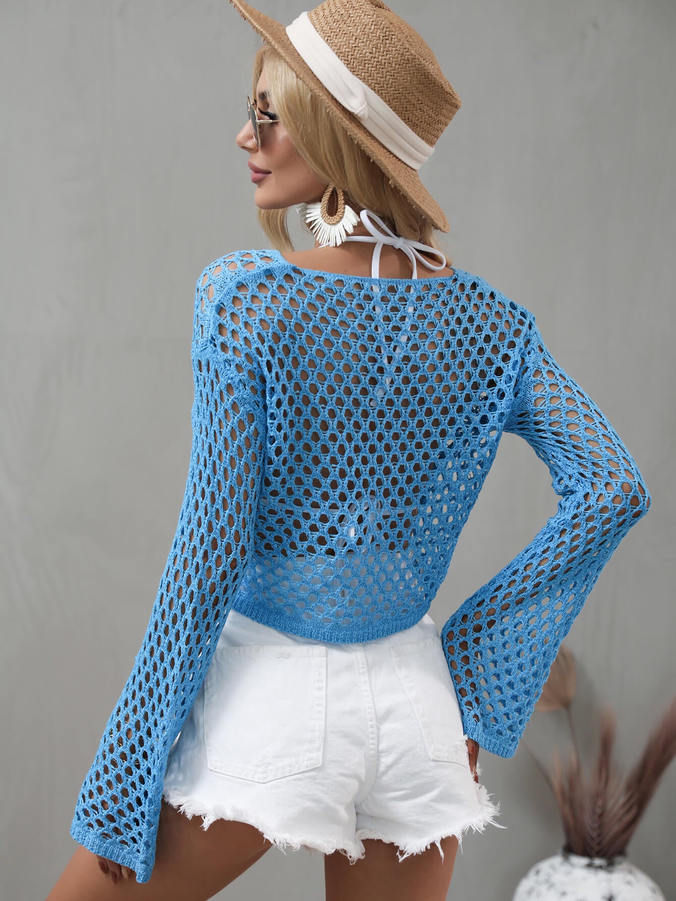 Blue Openwork Flare Sleeve Cropped Cover Up