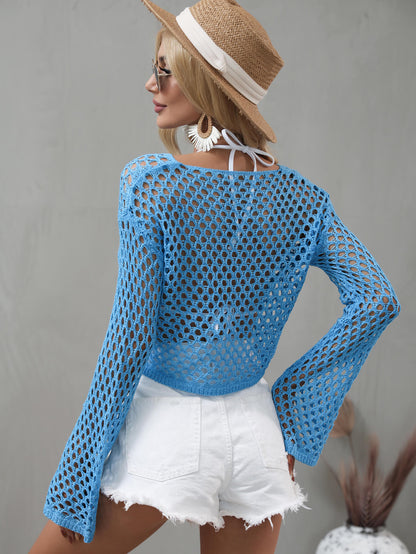 Blue Openwork Flare Sleeve Cropped Cover Up