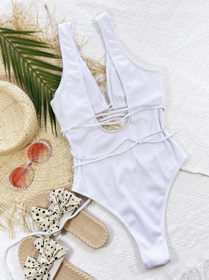 White Ribbed Lace Up One-Piece Swimsuit