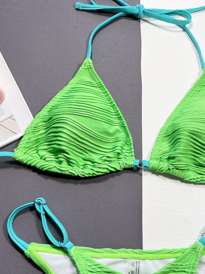 Stylish Neon Green Ribbed Two-Piece Bikini Set