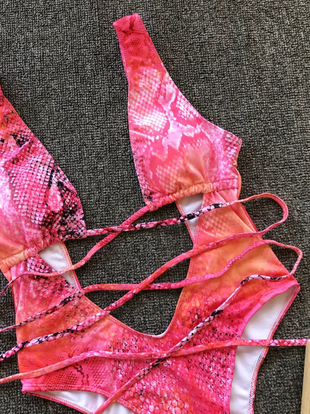 Hot Pink Lace-Up Backless Plunge One-Piece Swimwear