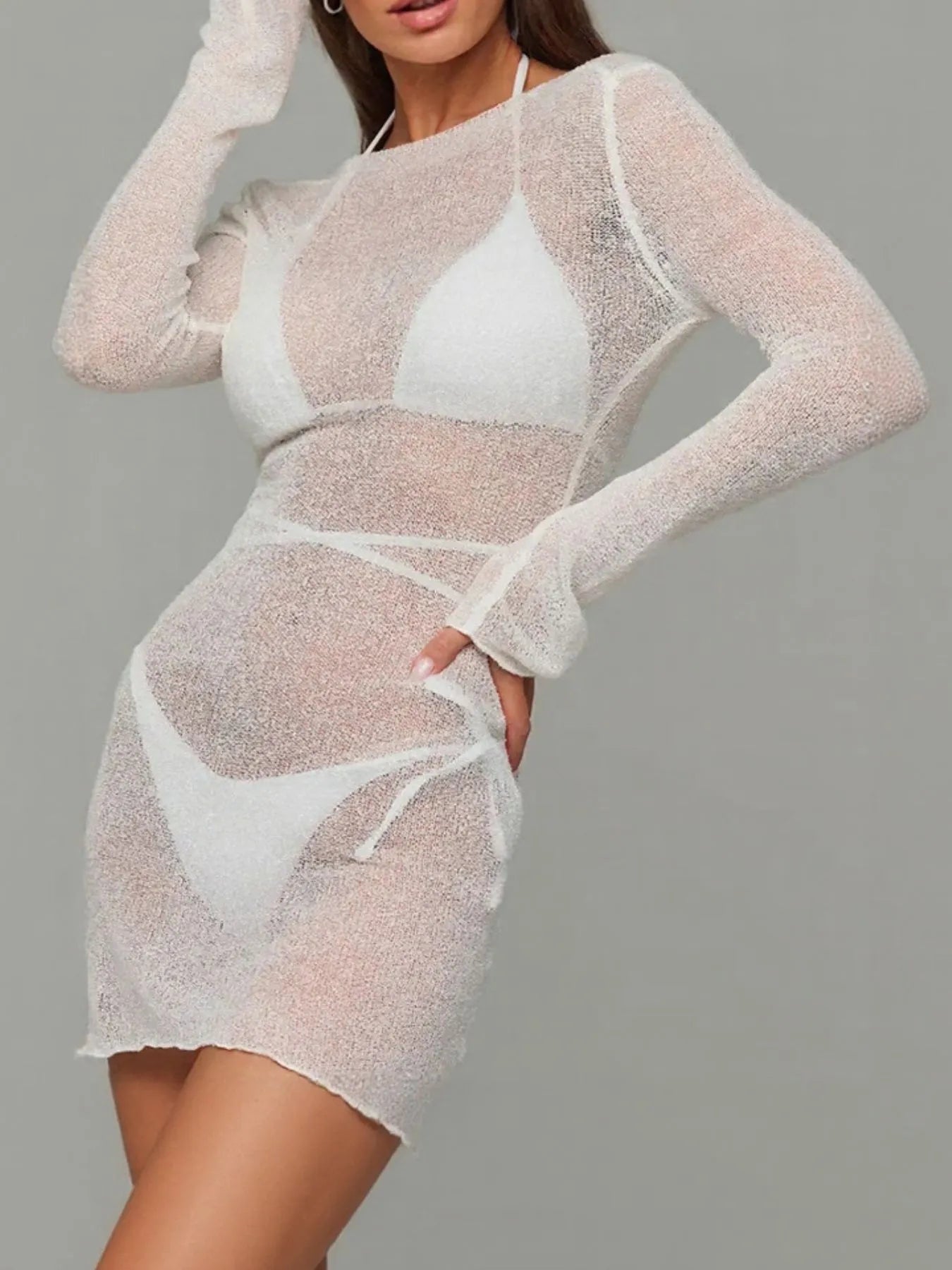White Sheer Backless Long Sleeve Mini Cover-Up Dress