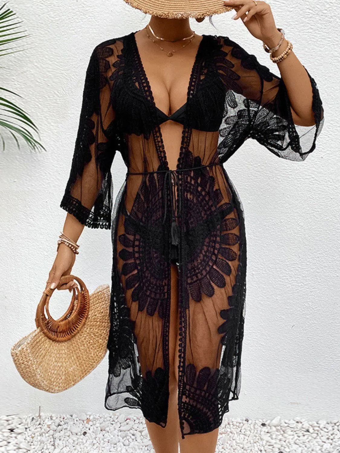 Black Lace Open Front Longline Cover-Up