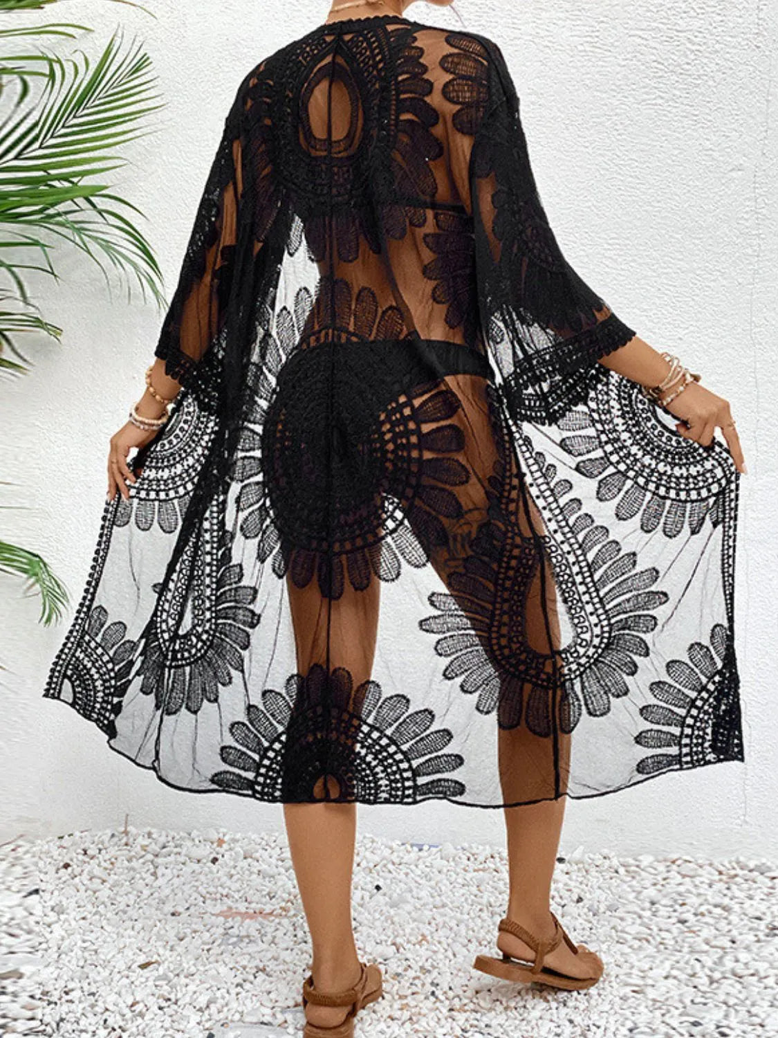 Black Lace Open Front Longline Cover-Up