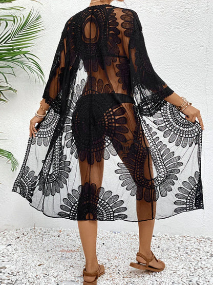 Black Lace Open Front Longline Cover-Up