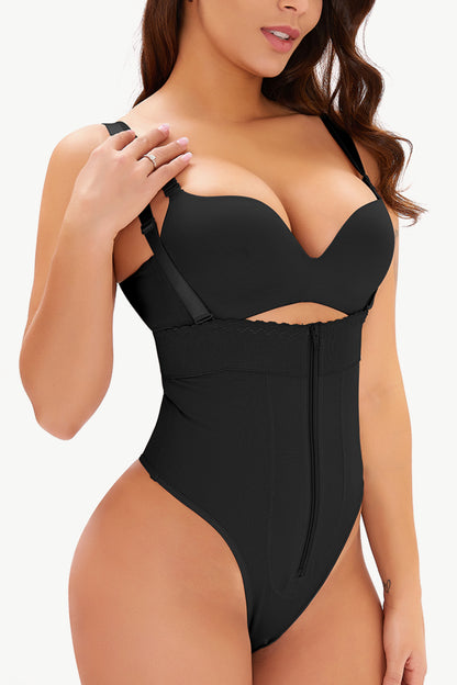 Black Full Size Adjustable Strap Zip-Up Shaping Bodysuit