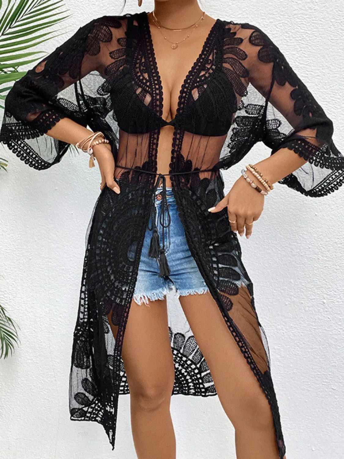 Black Lace Open Front Longline Cover-Up