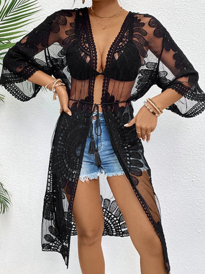 Black Lace Open Front Longline Cover-Up