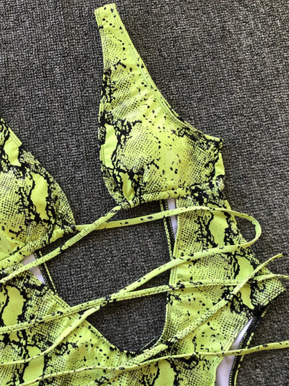 Yellow-Green Lace-Up Backless Plunge One-Piece Swimwear