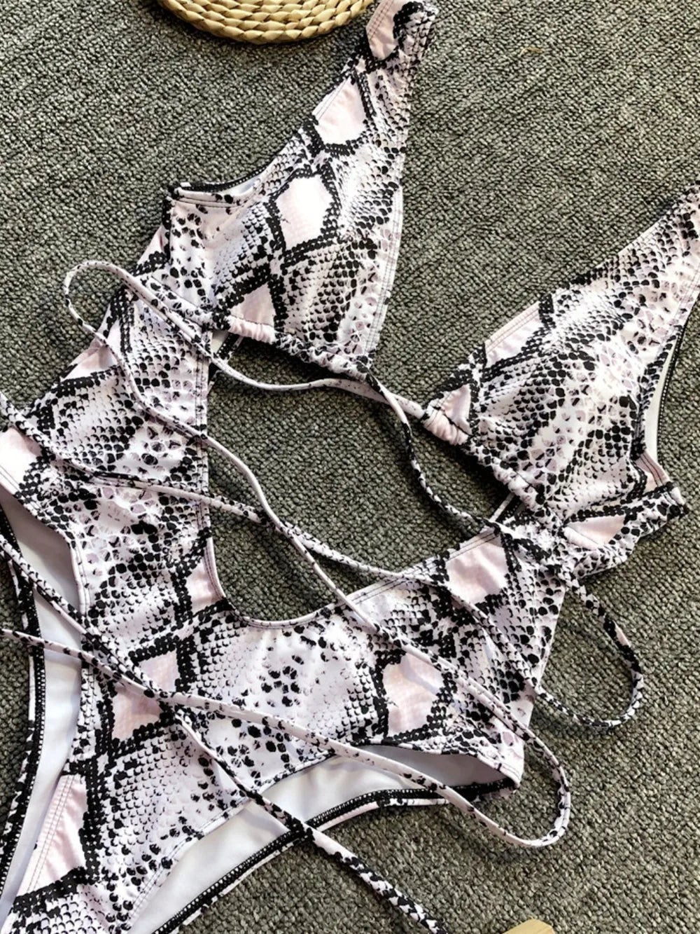 White Lace-Up Backless Plunge One-Piece Swimwear