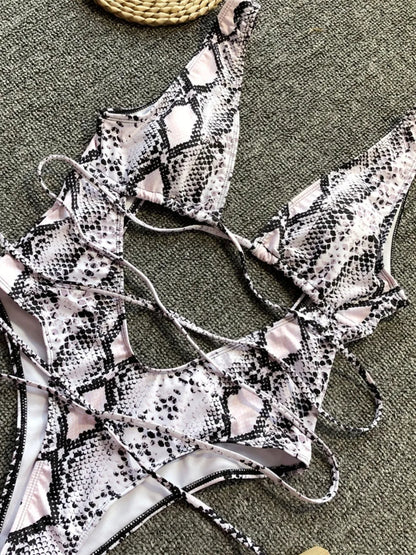 White Lace-Up Backless Plunge One-Piece Swimwear