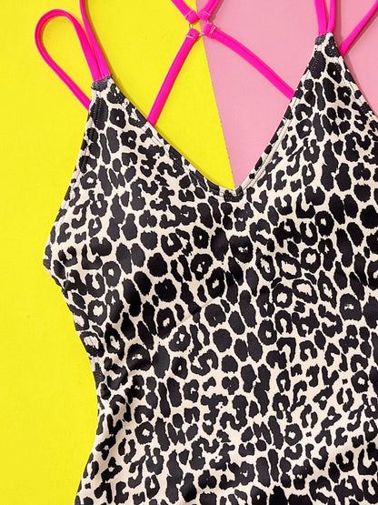 Leopard Plunge Spaghetti Strap One-Piece Swimwear 