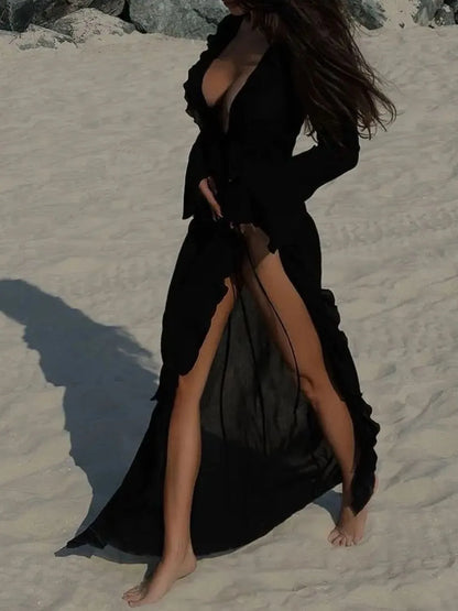 Black Ruffled Long Sleeve Cover-Up Dress