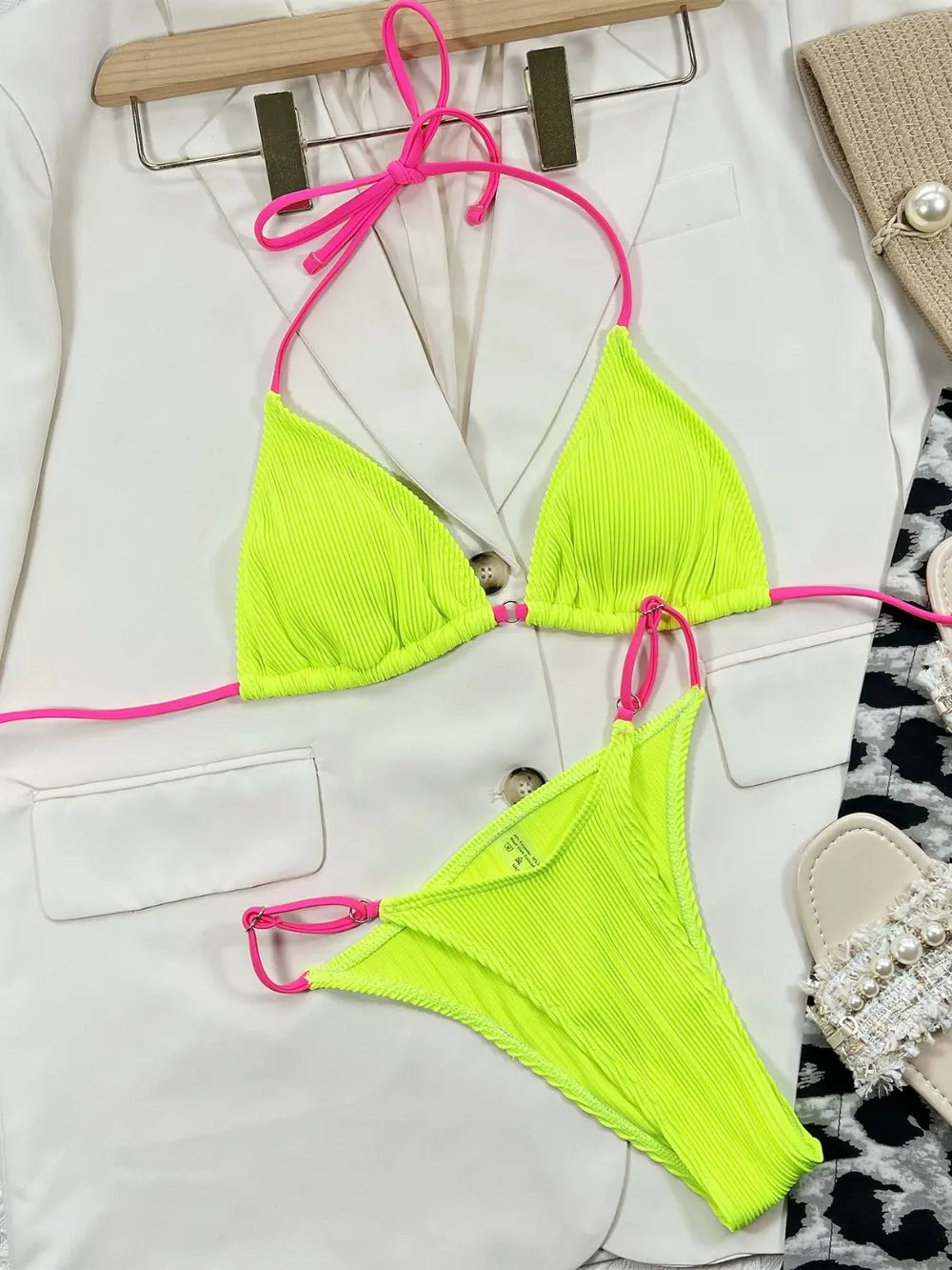 Yellow Ribbed Tie Back Bikini Set