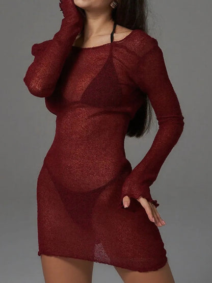 Burgandy Sheer Backless Long Sleeve Mini Cover-Up Dress