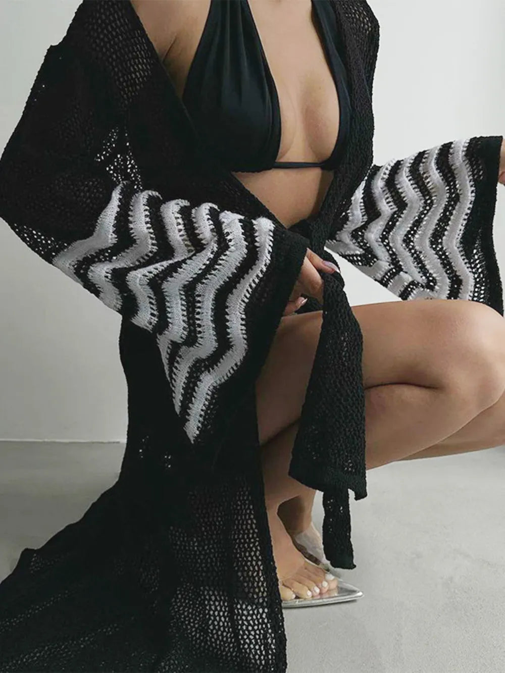 Black Openwork Striped Flare Sleeve Cover-Up