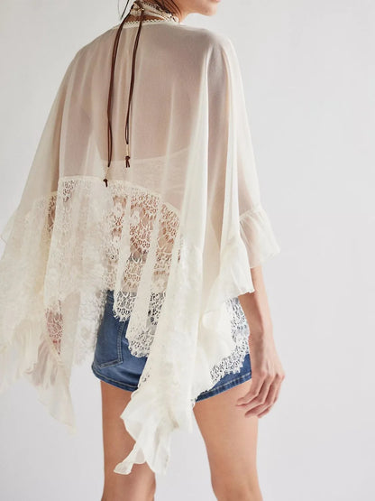 White Lace V-Neck Ruffle Long Sleeve Cover-Up