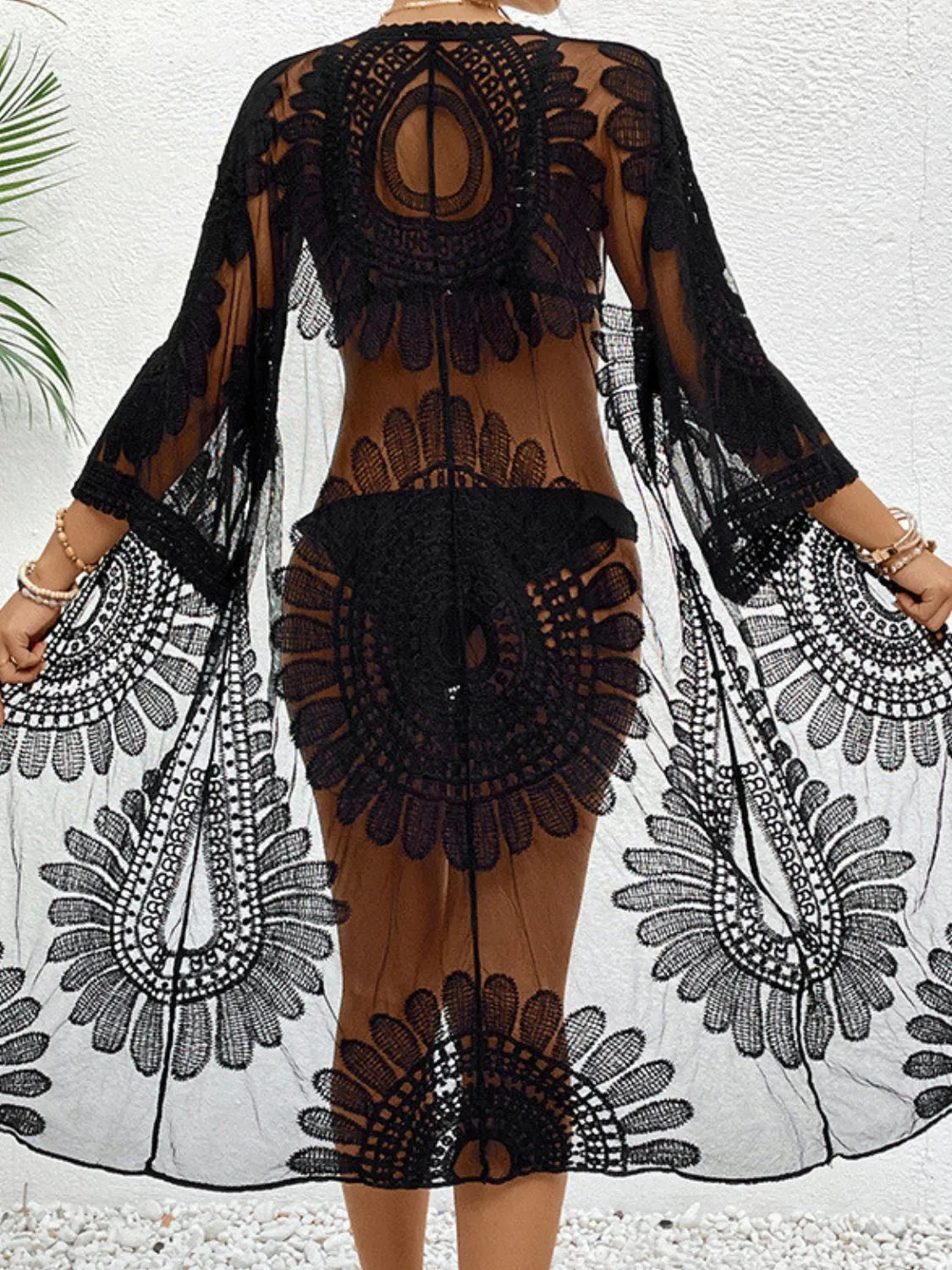 Black Lace Open Front Longline Cover-Up