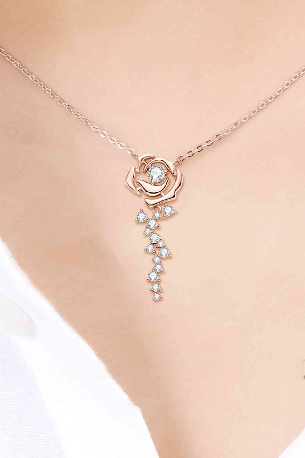 925 Sterling Silver 18K Rose Gold-Plated Pendant Necklace around neck