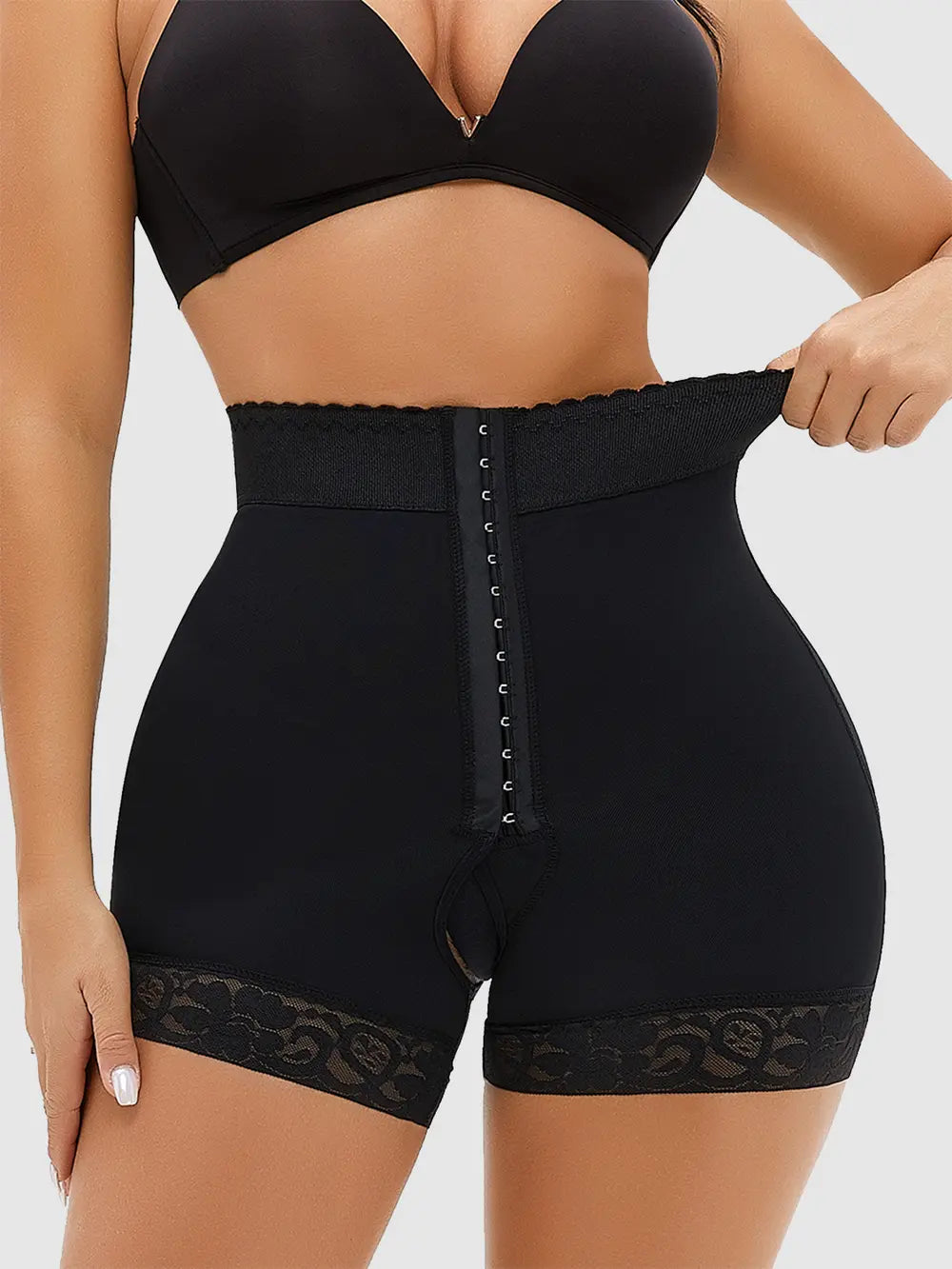 Black Full Size Lace Detail Hook-and-Eye Shaping Shorts