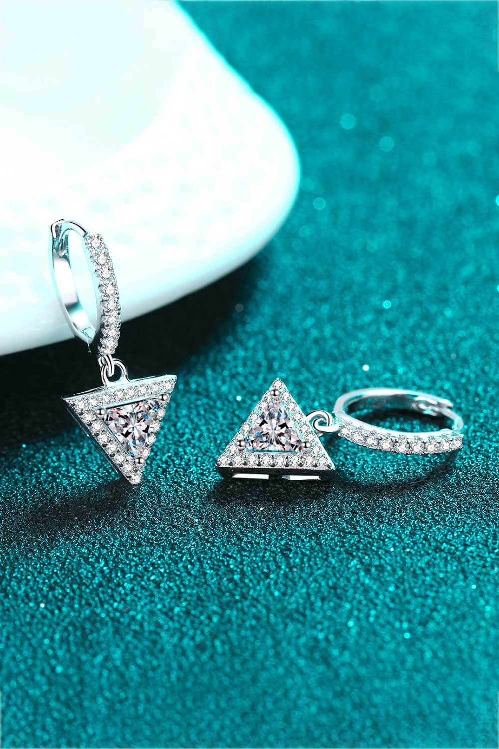 Moissanite Triangle Drop Earrings on display