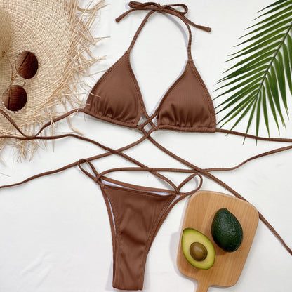 Brown Halter Neck Crisscross Ribbed Bikini Set 