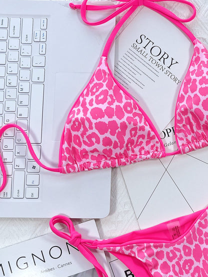 Hot Pink Leopard Print Halter Neck Tie Side Bikini Set
