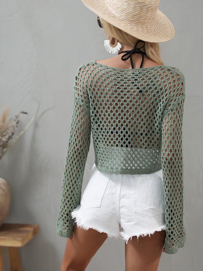Green Openwork Flare Sleeve Cropped Cover Up