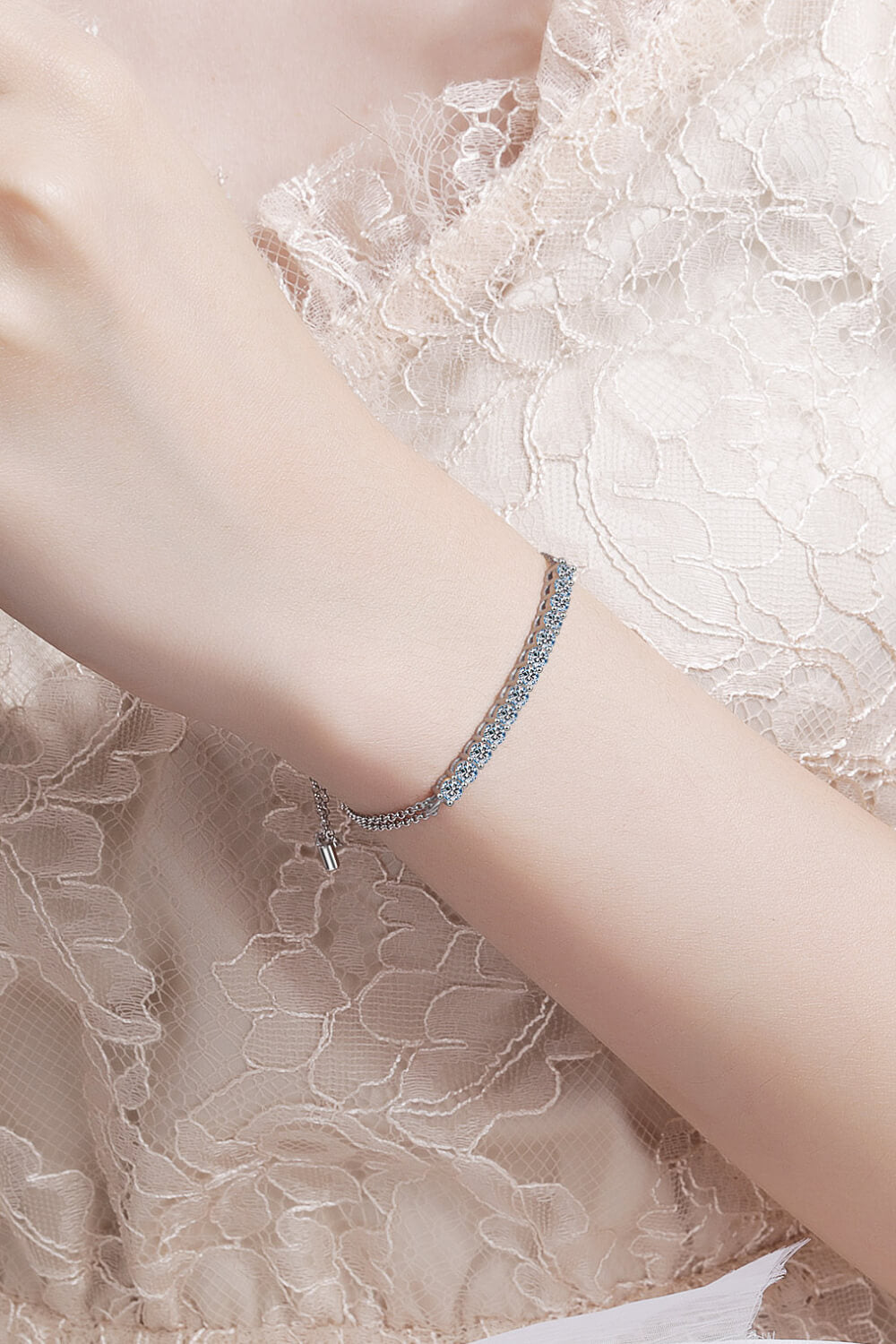 Adored Moissanite Sterling Silver Bracelet around wrist
