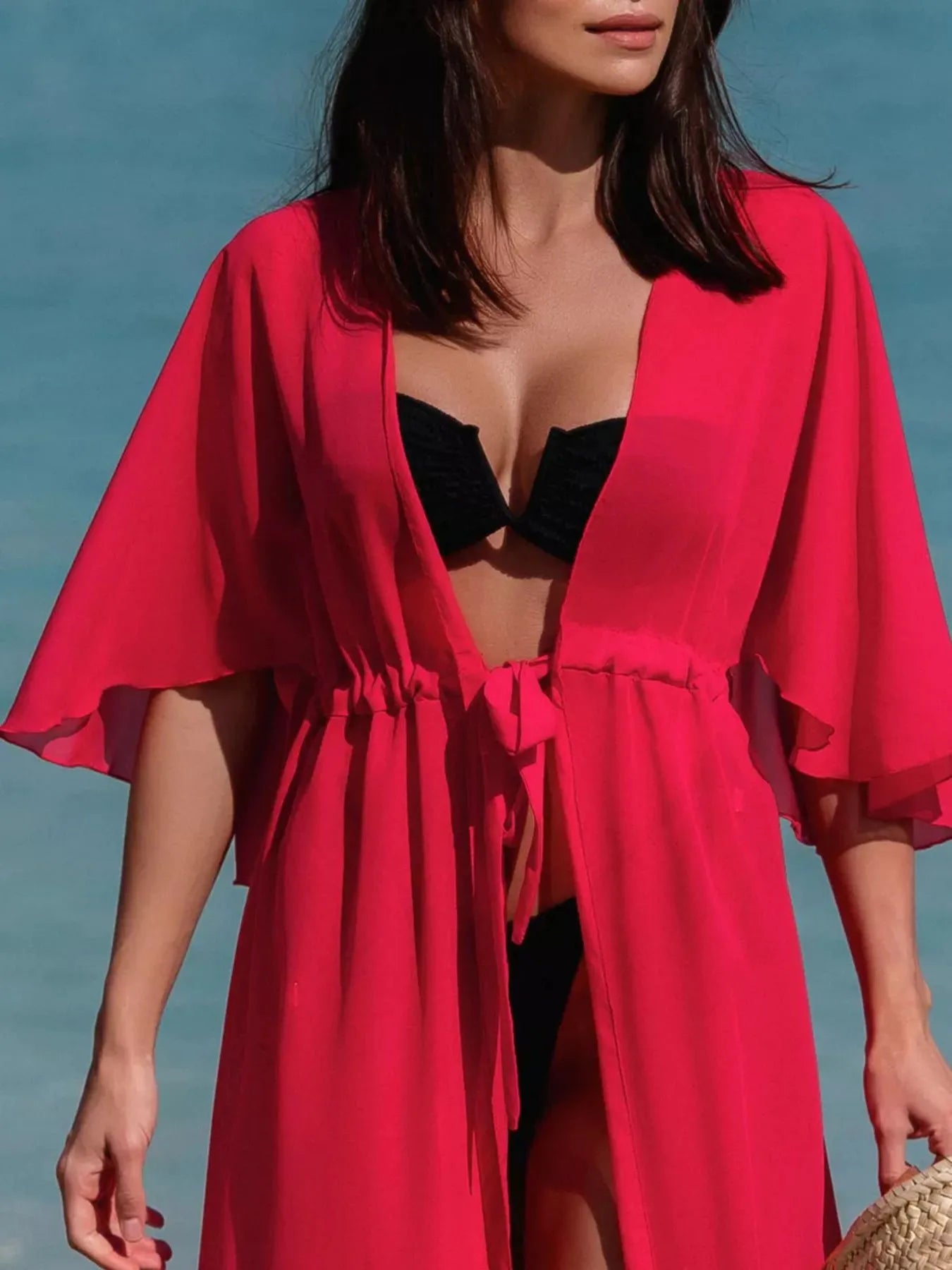 Deep Red Flutter Sleeve Cover-Up