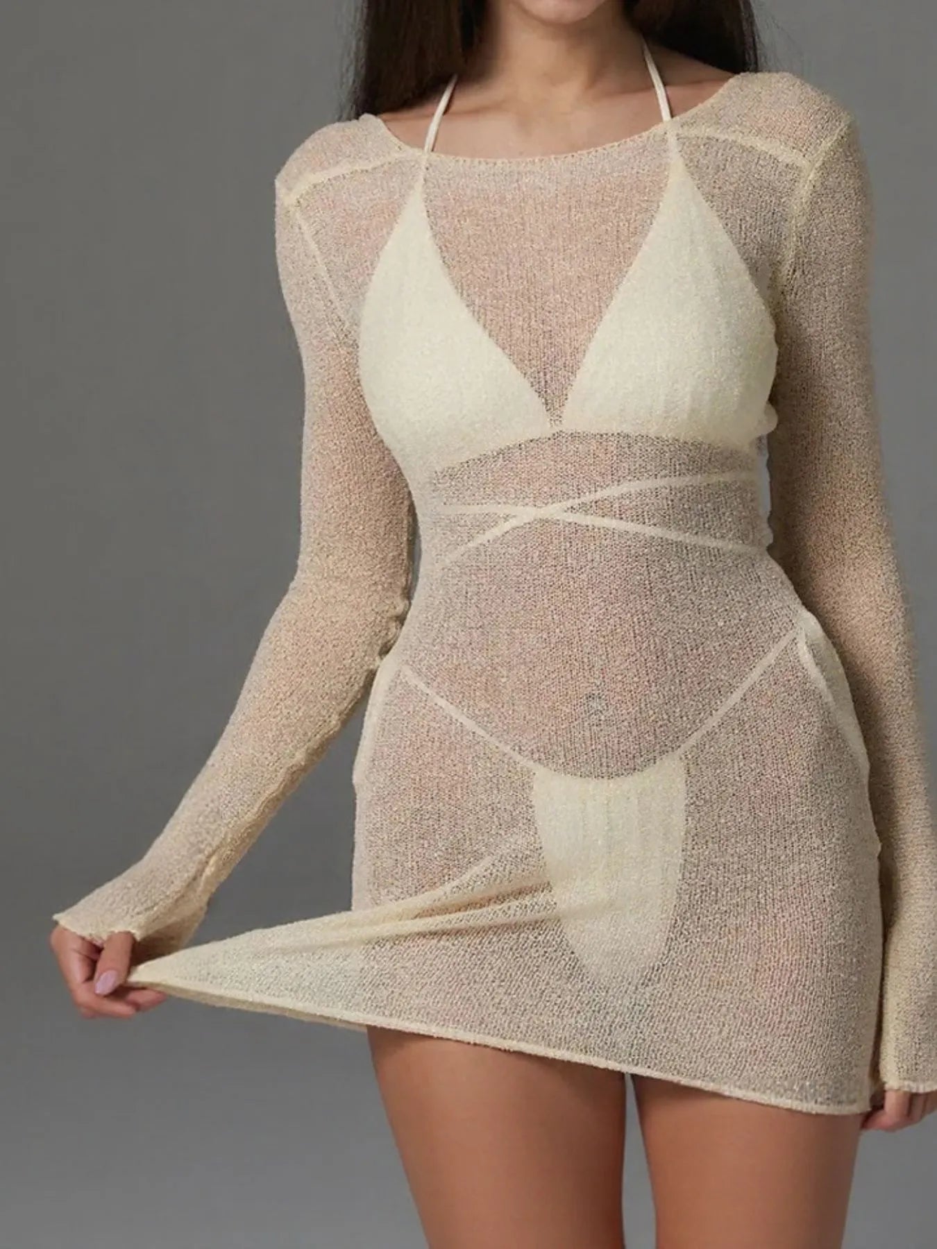 Beige Sheer Backless Long Sleeve Mini Cover-Up Dress