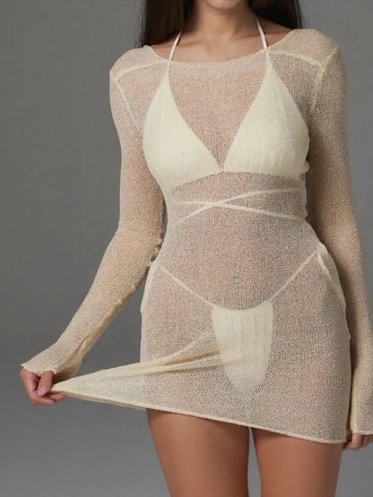 Beige Sheer Backless Long Sleeve Mini Cover-Up Dress